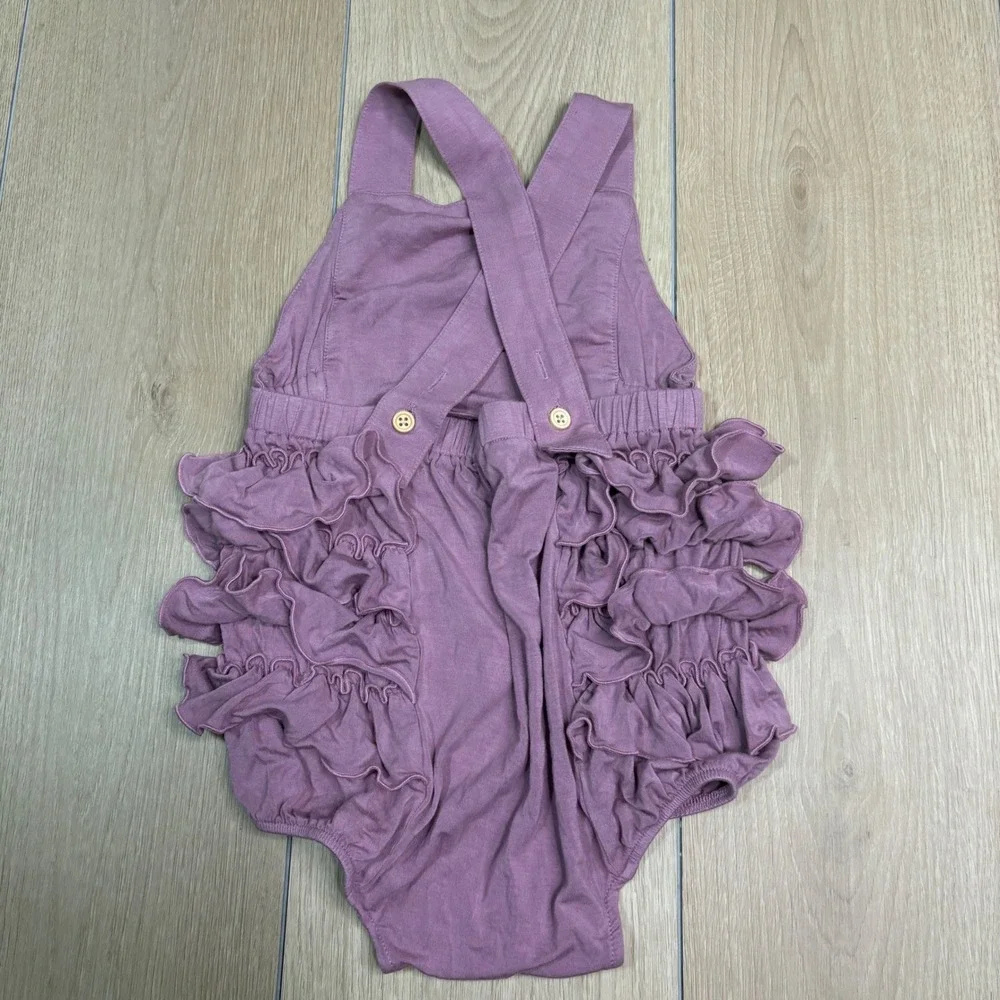 LOT OF 2 Kate Quinn 2T Bamboo Ruffle Bubble Romper Set Mauve Purple Geometric
